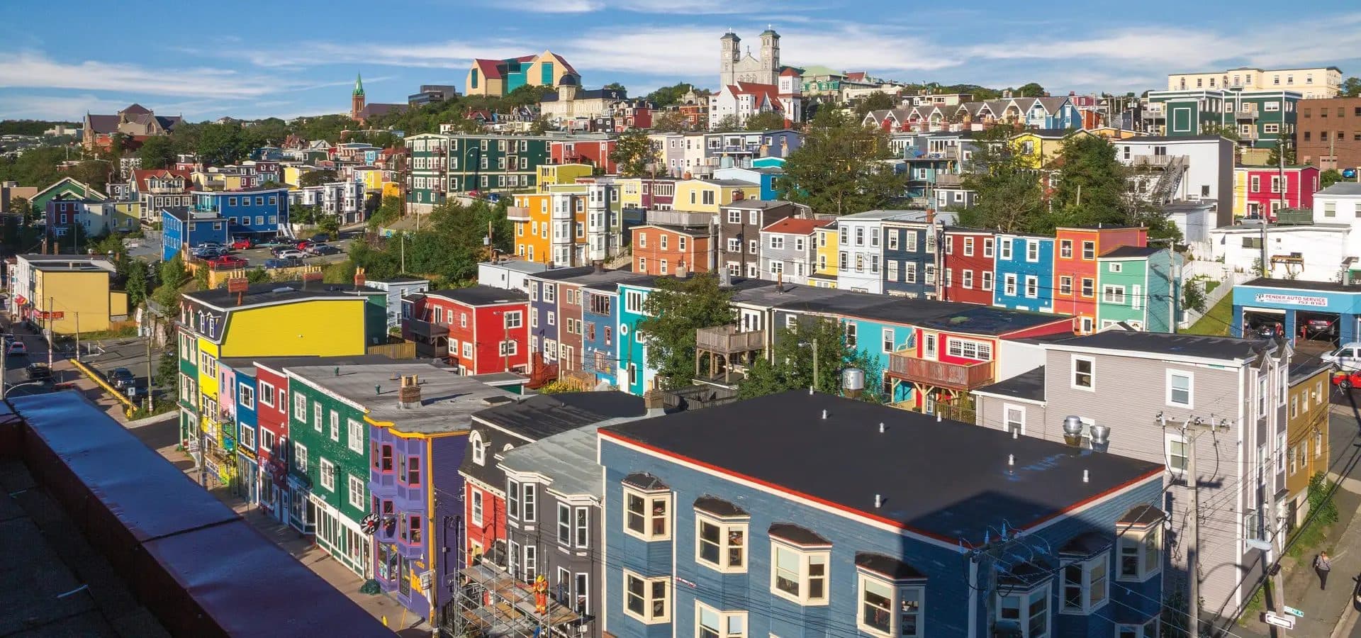 Rows of colourful wooden houses climbing the hill in downtown St. John's, Newfoundland